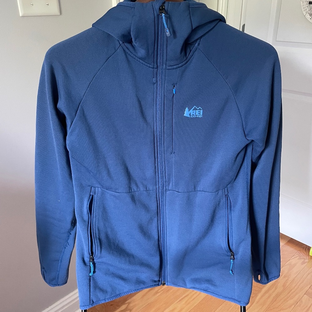 REI lightweight navy jacket with hood